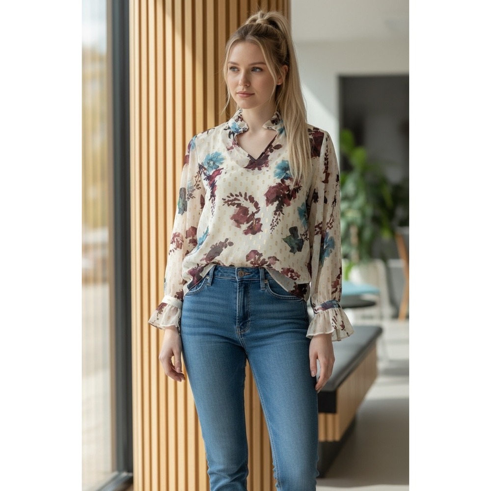 SOFT‎ SURROUNDINGS Blouse Women S Cream Floral Ruffle Neck Chiffon Lurex  Boho